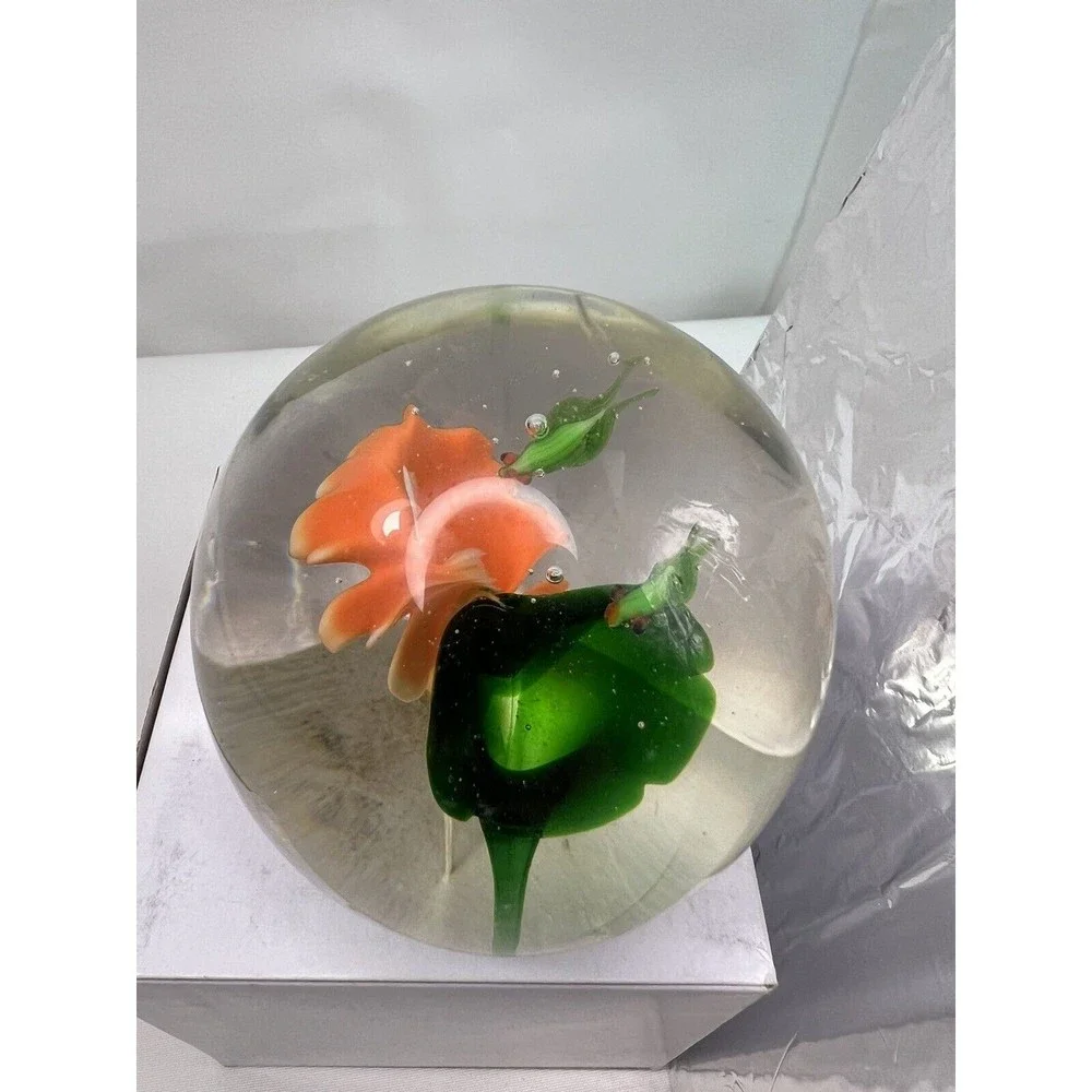 Vtg Art Glass Paperweight Clear Ball Collectible Bubbles with Flowers Decoration